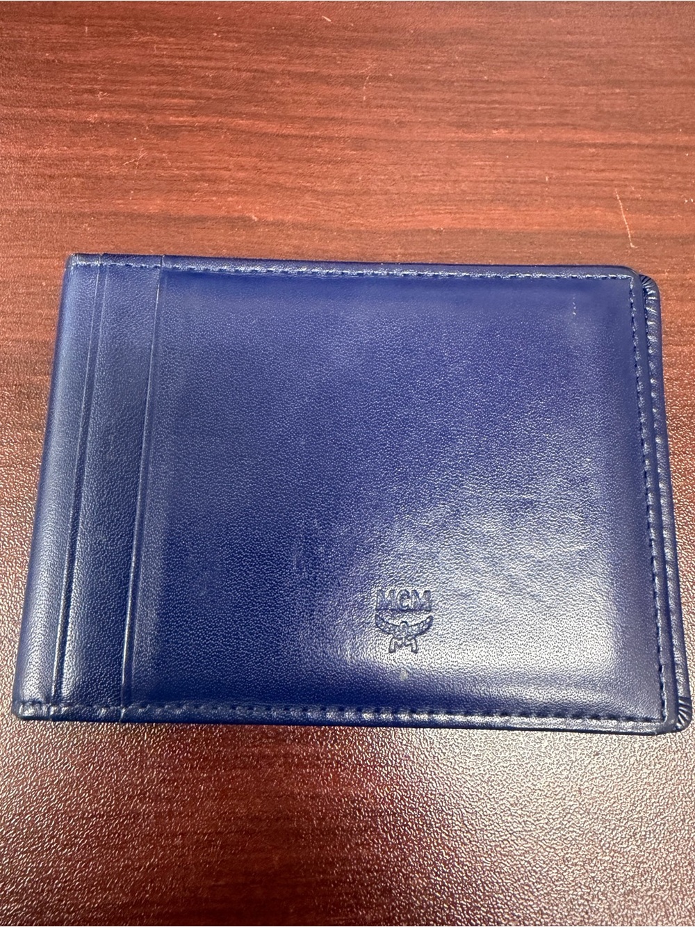 MCM Blue Leather Card Holder Bi Fold Slim Wallet